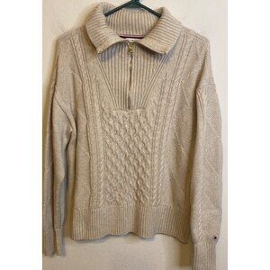 Tommy Hilfiger Cable Knit Cropped Fisherman Sweater Zip Front Turtleneck MEDIUM